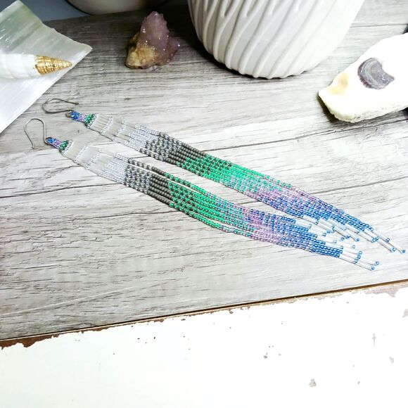 Long Boho Beaded Cascade Fringe Dangle Earrings, Seed Bead Jewelry 8" - Picture 3 of 7